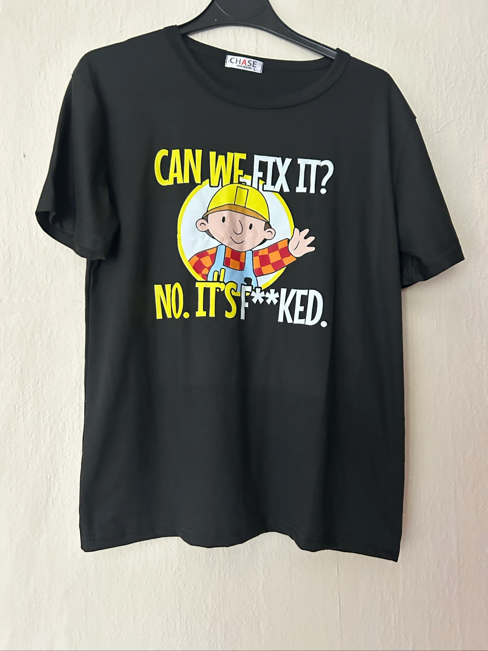 Black T-shirt with a funny Bob the Builder print